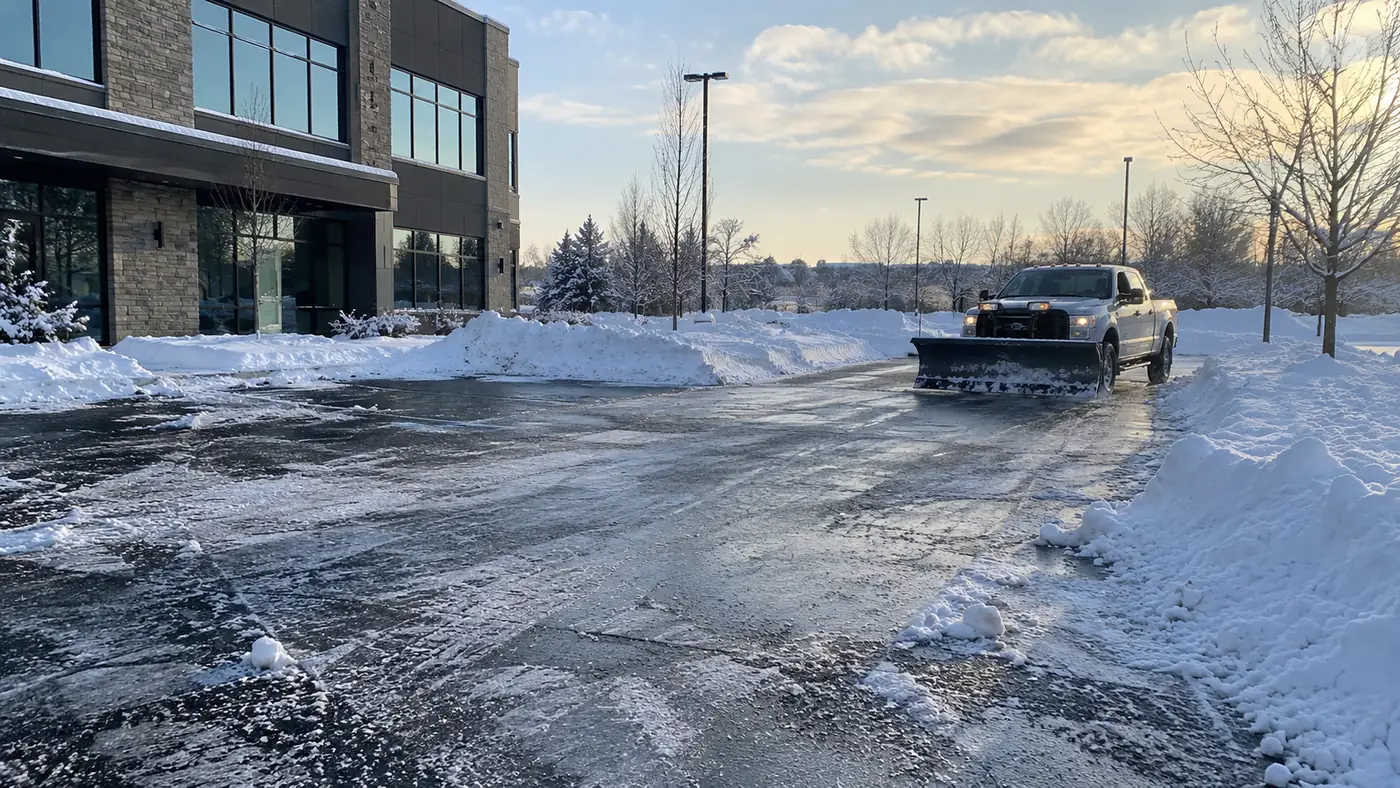 Snow plow at an office lot Concept rendering: snow plow truck pushing snow across an office parking lot in Parker, CO