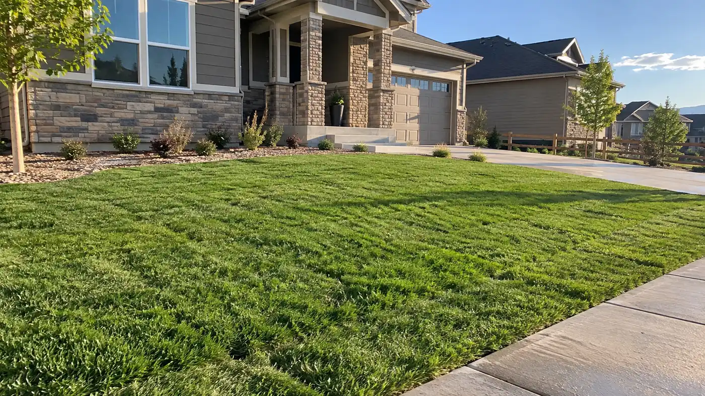 Sod lawn at a ranch home Concept rendering: sod front lawn with a rock bed at a stone-front ranch home in Parker, CO