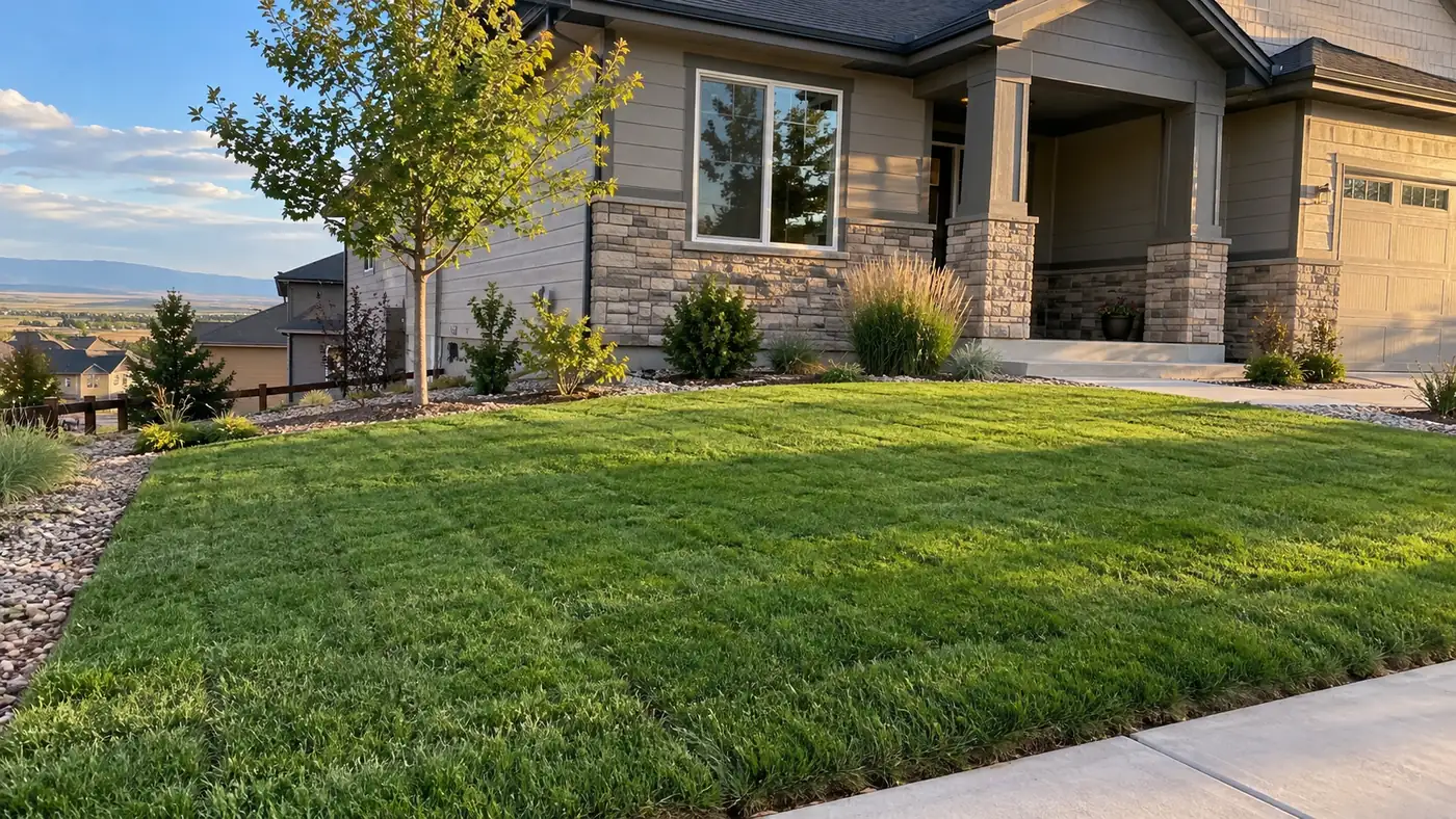 Sod lawn and walkway Concept rendering: fresh sod lawn beside a concrete walk at a stone-accented home in Parker, CO