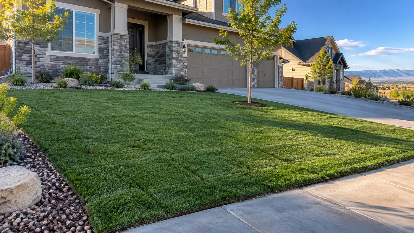 Sod lawn with rock bed Concept rendering: fresh sod lawn with a river rock bed and young tree at a stone home in Parker, CO