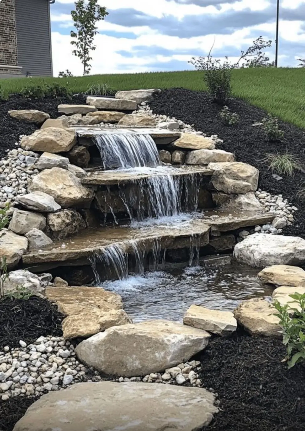 Stacked stone tiered waterfall feature set in a mulch bed in Parker, CO