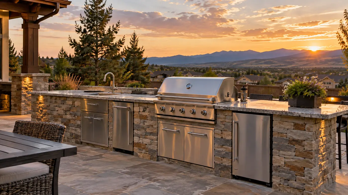 Grill in stone counter Concept rendering: stainless grill and sink set in a stone counter with a mountain view in Parker, CO