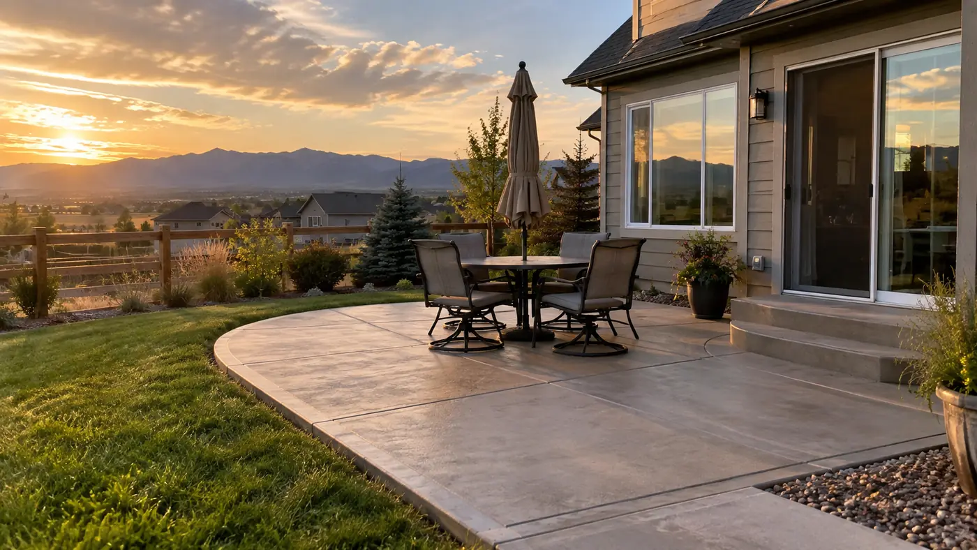 Stamped concrete dining patio Concept rendering: stamped concrete patio with an outdoor dining set and mountain views at sunset in Parker, CO