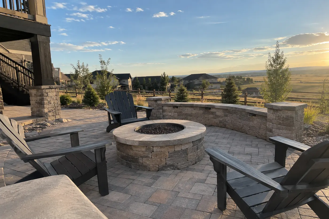 Fire pit with Adirondack chairs Concept rendering: round stone fire pit with Adirondack chairs on a paver patio by a stone home in Parker, CO