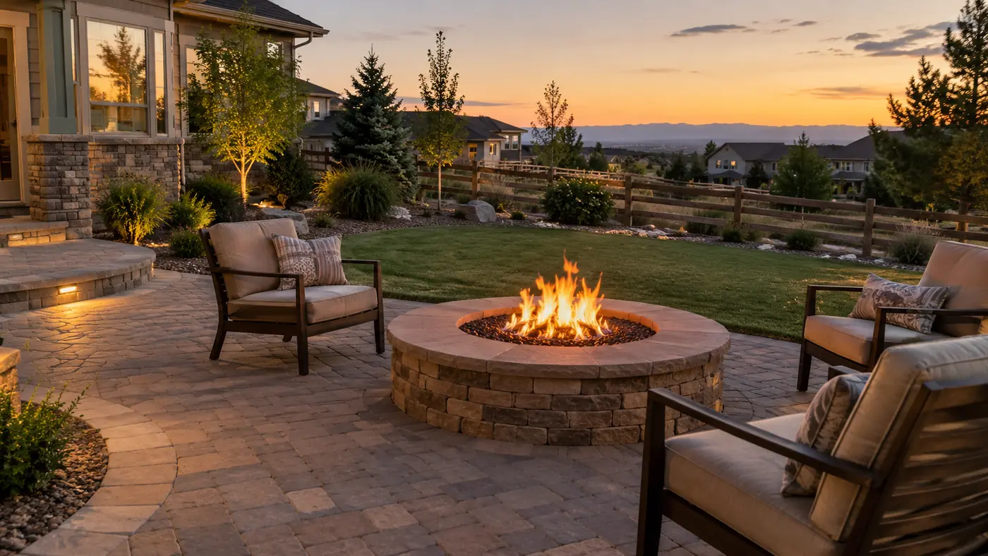 Gas fire pit at sunset Concept rendering: round stone gas fire pit on a paver patio with cushioned chairs at sunset in Parker, CO