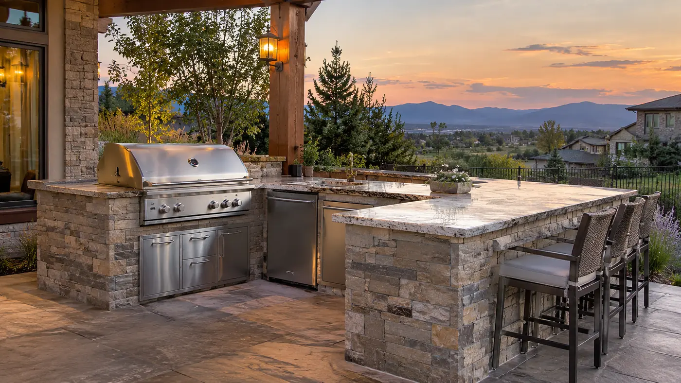 Stone kitchen island Concept rendering: stone outdoor kitchen island with a built-in grill and fridge at sunset in Parker, CO