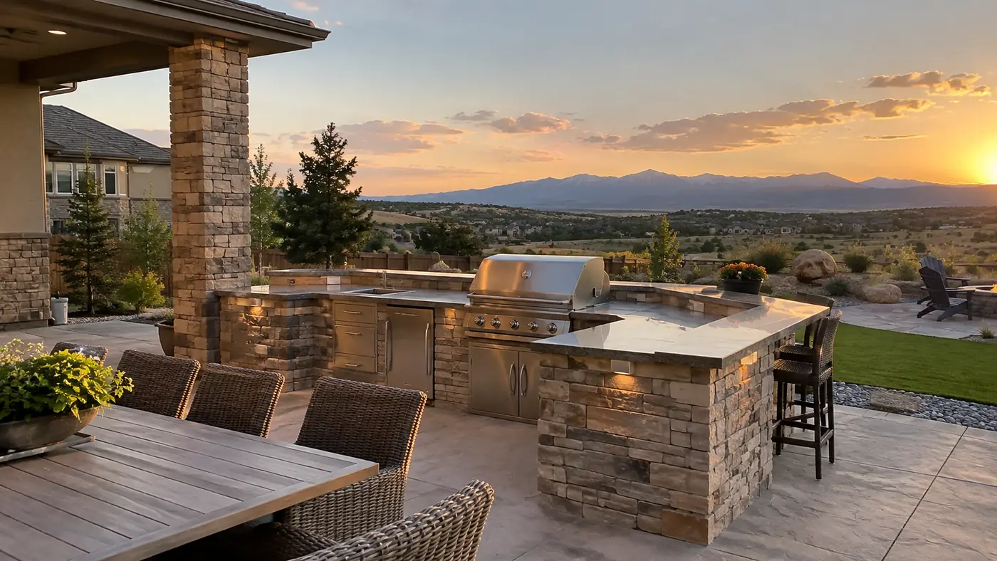 Outdoor bar with wicker stools Concept rendering: L-shaped stone outdoor kitchen bar with wicker stools and a grill at sunset in Parker, CO