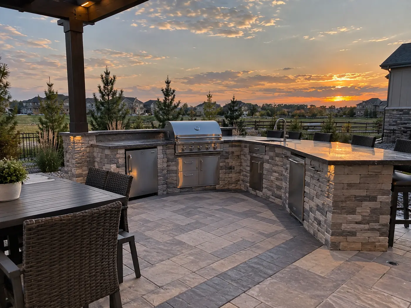 Outdoor kitchen under pergola Concept rendering: stone outdoor kitchen with grill, sink and fridge under a pergola at sunset in Parker, CO