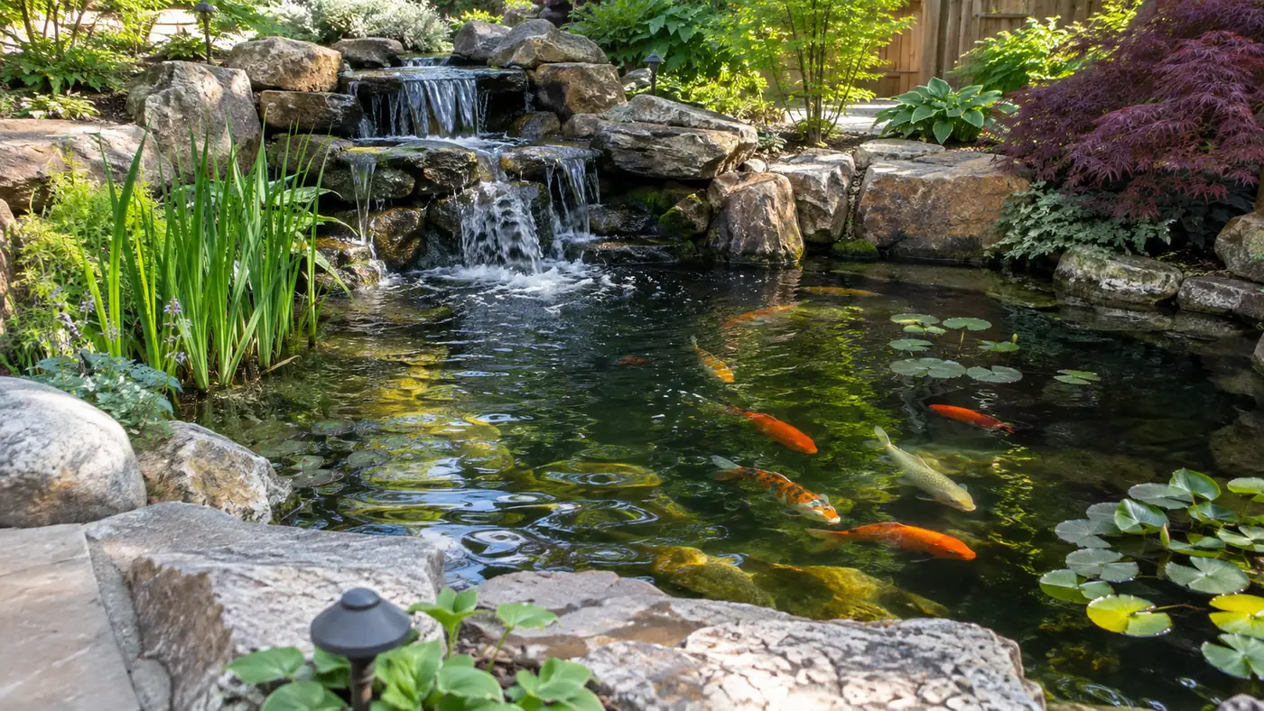 Waterfall with path light Concept rendering: stone waterfall into a koi pond with a path light and hostas in Parker, CO