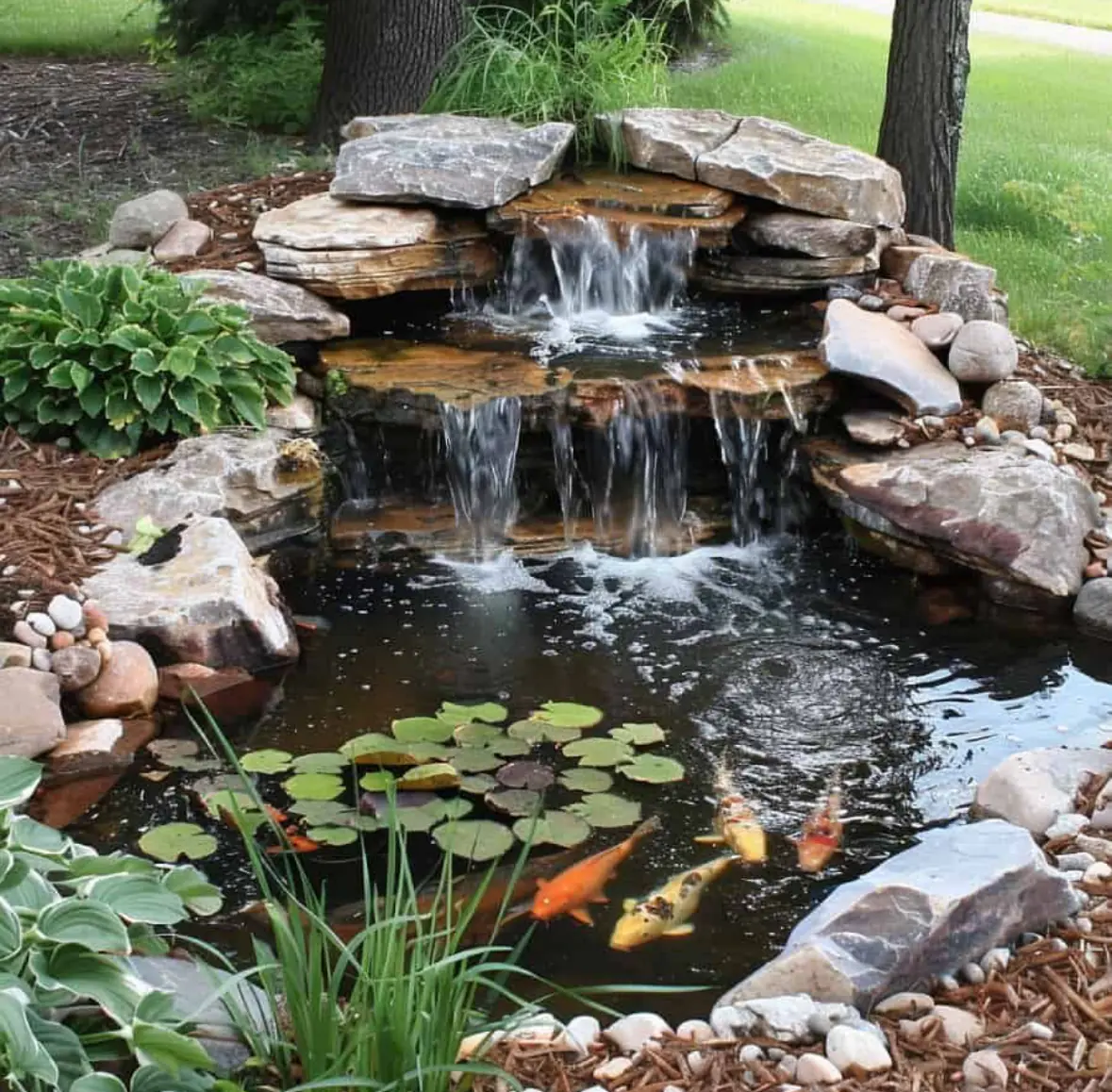 Waterfall into a small pond Stone waterfall spilling into a small pond with lily pads and hostas in Parker, CO