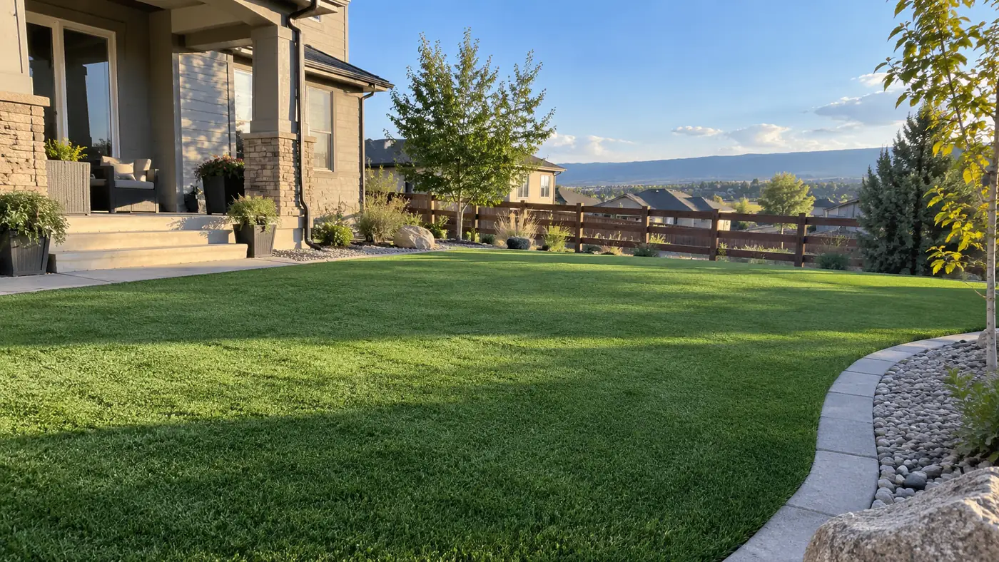 Synthetic turf front lawn Concept rendering: synthetic turf front lawn at a stone and stucco home with foothill views in Parker, CO
