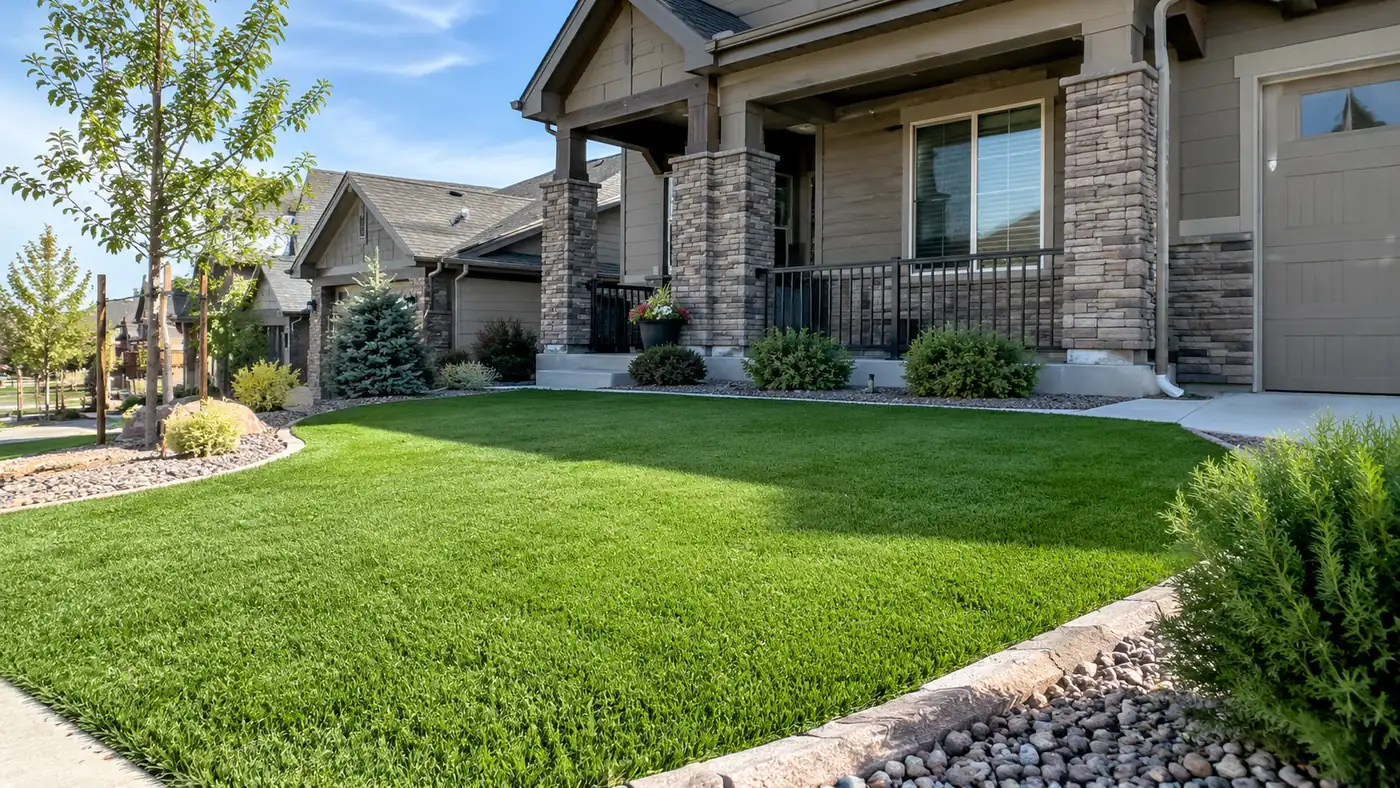 Turf at a craftsman porch Concept rendering: synthetic turf front yard below a craftsman porch with stone columns in Parker, CO