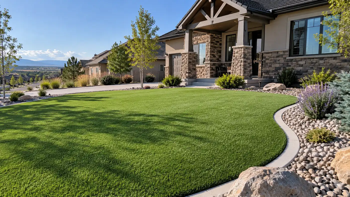 Turf lawn with boulders Concept rendering: synthetic turf front lawn framed by boulders and rock beds at a stone home in Parker, CO