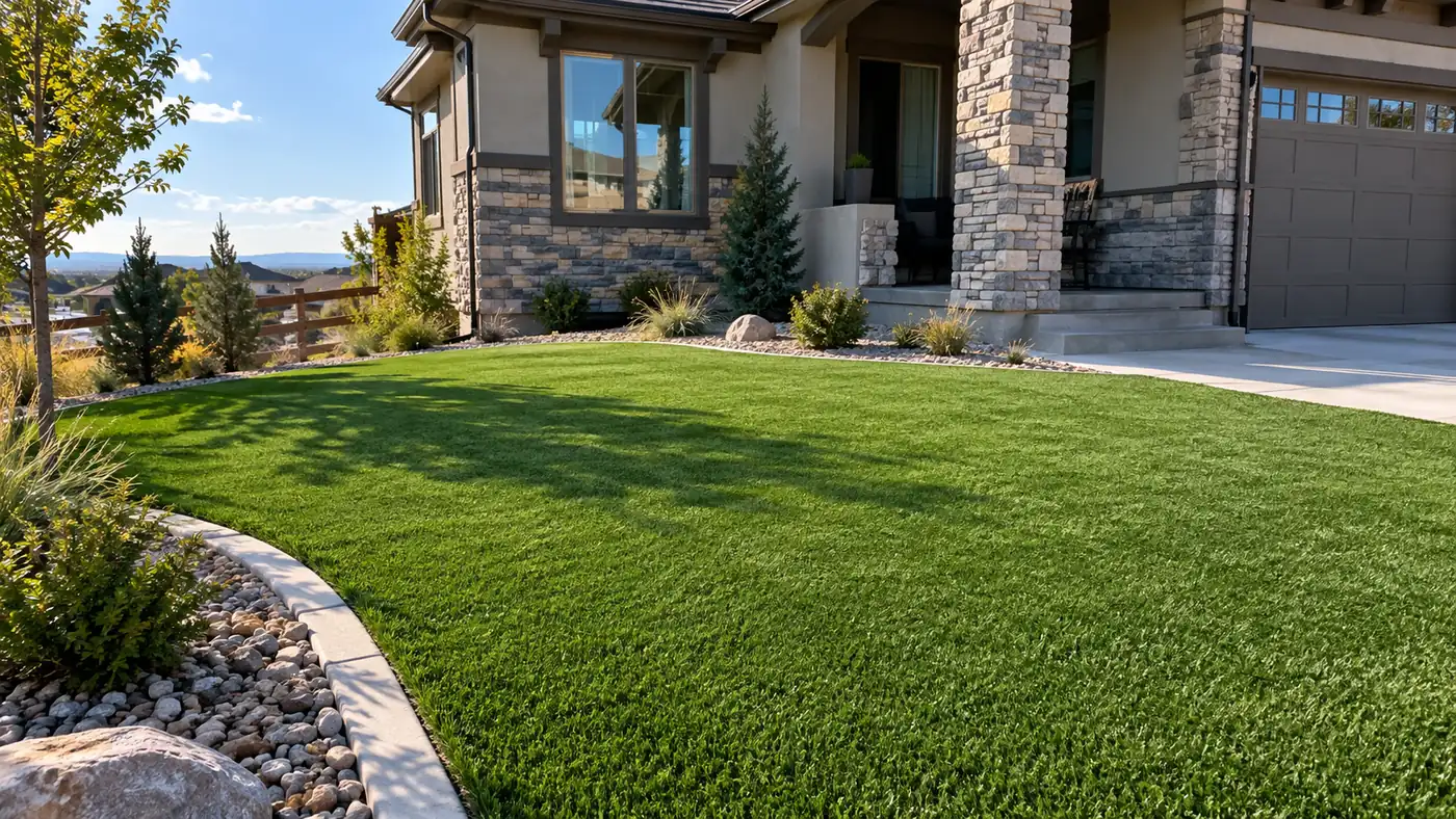 Turf side yard with rock edge Concept rendering: synthetic turf side yard edged with river rock beside a stone home in Parker, CO