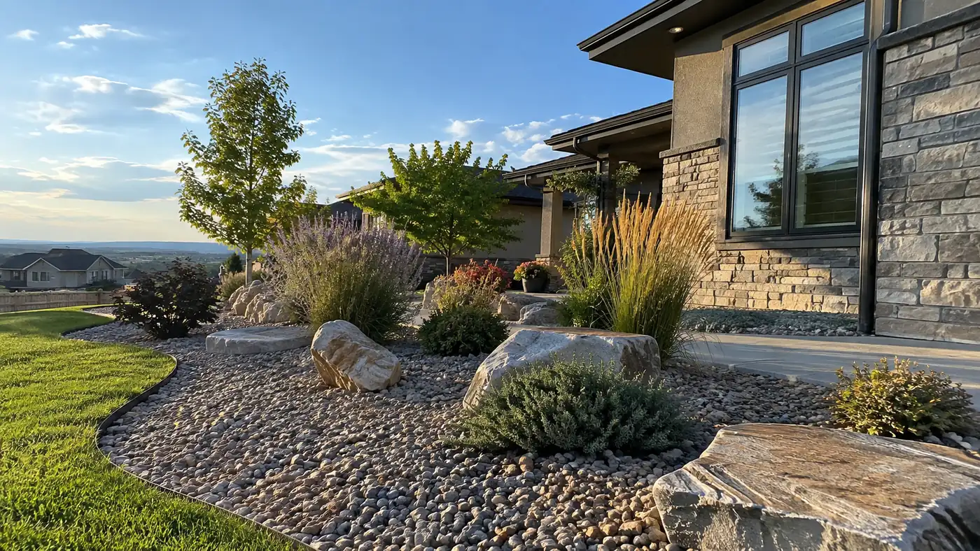 Xeriscape boulder bed Concept rendering: xeriscape boulder bed with grasses beside a stone home with a plains view in Parker, CO