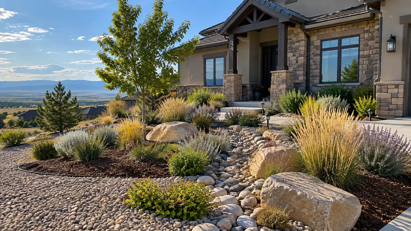 Xeriscaped front entry Concept rendering: xeriscaped front entry with boulders, ornamental grasses and river rock in Parker, CO