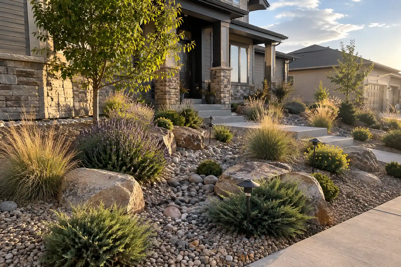 Xeriscape along a walkway Concept rendering: xeriscaped front yard of grasses, boulders and rock along a concrete walkway in Parker, CO