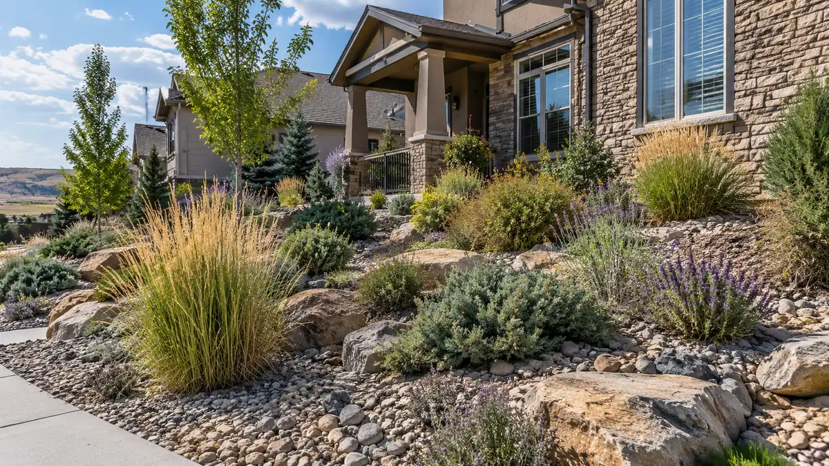 Xeriscape with Russian sage Concept rendering: xeriscape bed of ornamental grasses, Russian sage and boulders at a stone home in Parker, CO