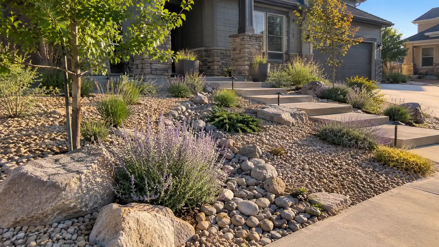 Xeriscape rock beds Concept rendering: xeriscaped front yard of rock beds, boulders and drought-tolerant grasses in Parker, CO