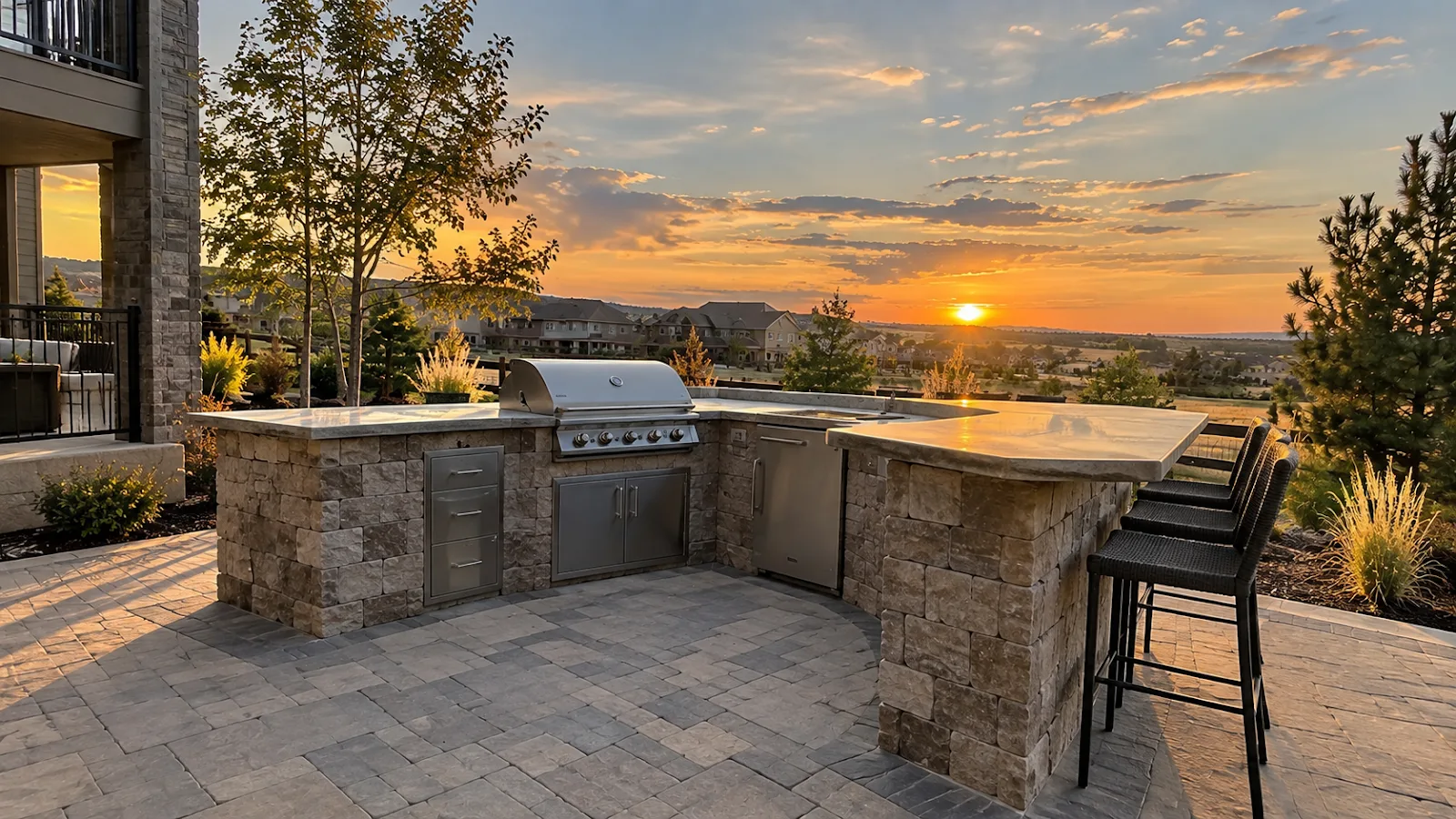 Stone grill island at sunset Luxury stone grill island with stainless steel grill at sunset in Parker, CO